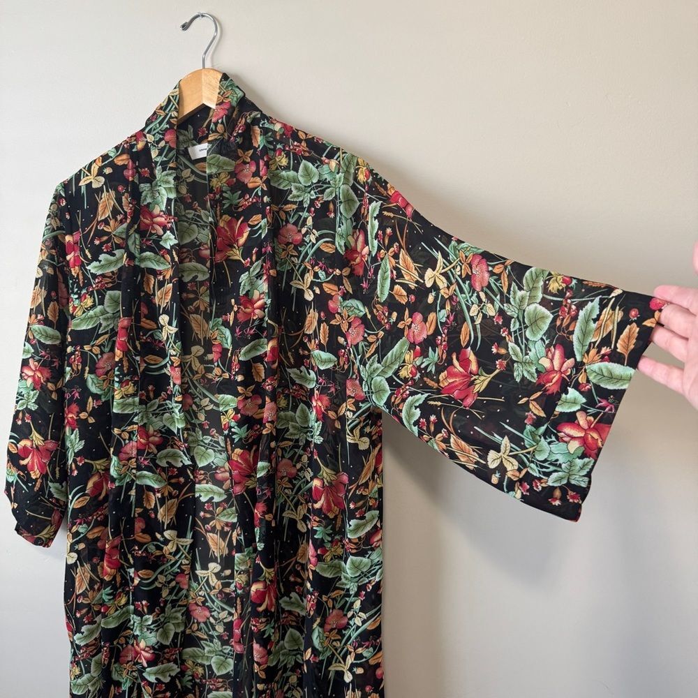 Floral Open Front Duster Kimono Black Botanical Boho Maxi Layering Cardigan - Picture 3 of 7